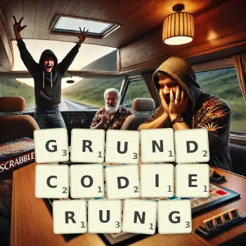 Kreative Illustration für ein Scrabble-Spiel, bei dem das Wort GRUNDCODIERUNG mit Steinen auf dem Brett gelegt wurde.