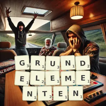 Kreative Illustration für ein Scrabble-Spiel, bei dem das Wort GRUNDELEMENTEN mit Steinen auf dem Brett gelegt wurde.