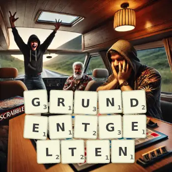 Kreative Illustration für ein Scrabble-Spiel, bei dem das Wort GRUNDENTGELTEN mit Steinen auf dem Brett gelegt wurde.
