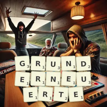 Kreative Illustration für ein Scrabble-Spiel, bei dem das Wort GRUNDERNEUERTE mit Steinen auf dem Brett gelegt wurde.