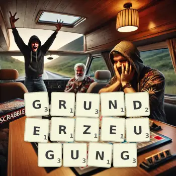 Kreative Illustration für ein Scrabble-Spiel, bei dem das Wort GRUNDERZEUGUNG mit Steinen auf dem Brett gelegt wurde.