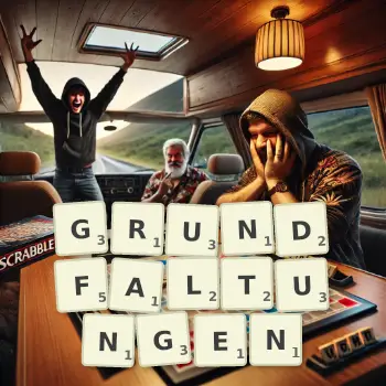 Kreative Illustration für ein Scrabble-Spiel, bei dem das Wort GRUNDFALTUNGEN mit Steinen auf dem Brett gelegt wurde.