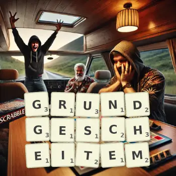 Kreative Illustration für ein Scrabble-Spiel, bei dem das Wort GRUNDGESCHEITEM mit Steinen auf dem Brett gelegt wurde.