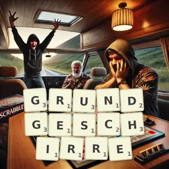 Kreative Illustration für ein Scrabble-Spiel, bei dem das Wort GRUNDGESCHIRRE mit Steinen auf dem Brett gelegt wurde.
