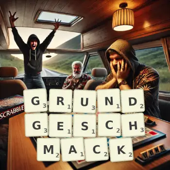 Kreative Illustration für ein Scrabble-Spiel, bei dem das Wort GRUNDGESCHMACK mit Steinen auf dem Brett gelegt wurde.