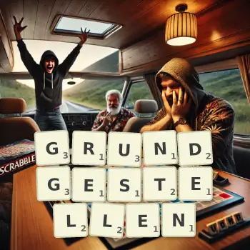 Kreative Illustration für ein Scrabble-Spiel, bei dem das Wort GRUNDGESTELLEN mit Steinen auf dem Brett gelegt wurde.
