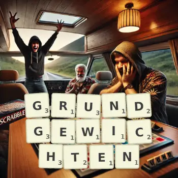 Kreative Illustration für ein Scrabble-Spiel, bei dem das Wort GRUNDGEWICHTEN mit Steinen auf dem Brett gelegt wurde.