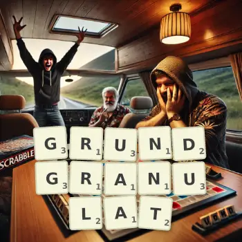 Kreative Illustration für ein Scrabble-Spiel, bei dem das Wort GRUNDGRANULAT mit Steinen auf dem Brett gelegt wurde.