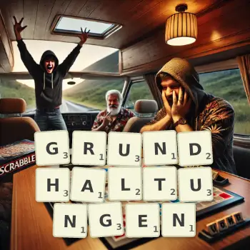 Kreative Illustration für ein Scrabble-Spiel, bei dem das Wort GRUNDHALTUNGEN mit Steinen auf dem Brett gelegt wurde.