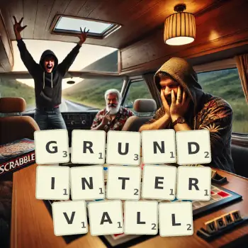 Kreative Illustration für ein Scrabble-Spiel, bei dem das Wort GRUNDINTERVALL mit Steinen auf dem Brett gelegt wurde.