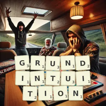 Kreative Illustration für ein Scrabble-Spiel, bei dem das Wort GRUNDINTUITION mit Steinen auf dem Brett gelegt wurde.