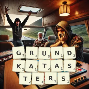 Kreative Illustration für ein Scrabble-Spiel, bei dem das Wort GRUNDKATASTERS mit Steinen auf dem Brett gelegt wurde.