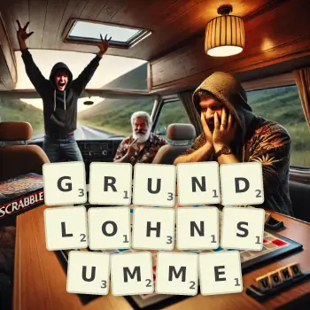 Kreative Illustration für ein Scrabble-Spiel, bei dem das Wort GRUNDLOHNSUMME mit Steinen auf dem Brett gelegt wurde.