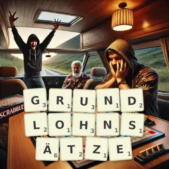 Kreative Illustration für ein Scrabble-Spiel, bei dem das Wort GRUNDLOHNSÄTZE mit Steinen auf dem Brett gelegt wurde.