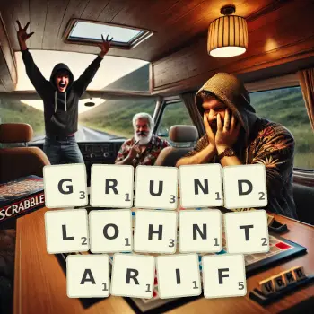 Kreative Illustration für ein Scrabble-Spiel, bei dem das Wort GRUNDLOHNTARIF mit Steinen auf dem Brett gelegt wurde.