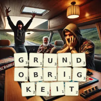 Kreative Illustration für ein Scrabble-Spiel, bei dem das Wort GRUNDOBRIGKEIT mit Steinen auf dem Brett gelegt wurde.