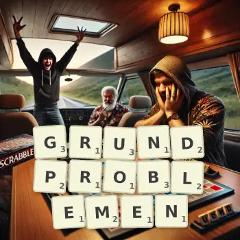 Kreative Illustration für ein Scrabble-Spiel, bei dem das Wort GRUNDPROBLEMEN mit Steinen auf dem Brett gelegt wurde.
