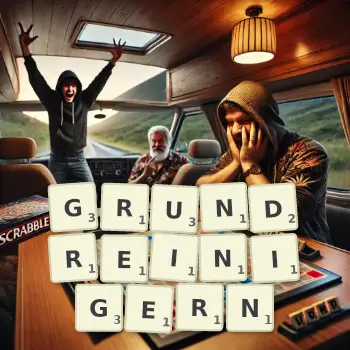 Kreative Illustration für ein Scrabble-Spiel, bei dem das Wort GRUNDREINIGERN mit Steinen auf dem Brett gelegt wurde.