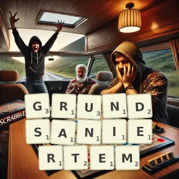 Kreative Illustration für ein Scrabble-Spiel, bei dem das Wort GRUNDSANIERTEM mit Steinen auf dem Brett gelegt wurde.