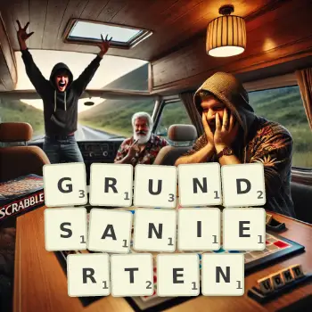 Kreative Illustration für ein Scrabble-Spiel, bei dem das Wort GRUNDSANIERTEN mit Steinen auf dem Brett gelegt wurde.