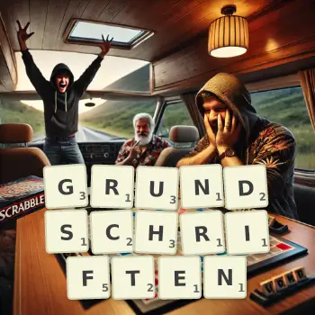Kreative Illustration für ein Scrabble-Spiel, bei dem das Wort GRUNDSCHRIFTEN mit Steinen auf dem Brett gelegt wurde.