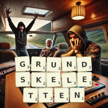 Kreative Illustration für ein Scrabble-Spiel, bei dem das Wort GRUNDSKELETTEN mit Steinen auf dem Brett gelegt wurde.