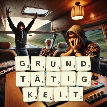 Kreative Illustration für ein Scrabble-Spiel, bei dem das Wort GRUNDTÄTIGKEIT mit Steinen auf dem Brett gelegt wurde.