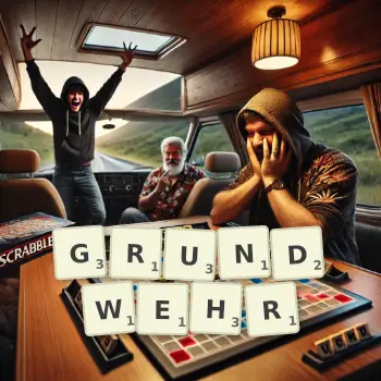 Kreative Illustration für ein Scrabble-Spiel, bei dem das Wort GRUNDWEHR mit Steinen auf dem Brett gelegt wurde.