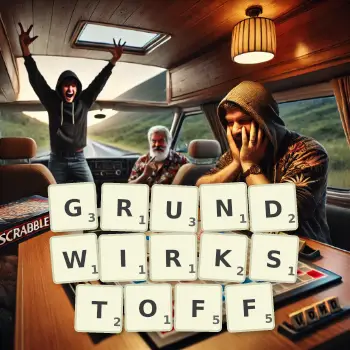 Kreative Illustration für ein Scrabble-Spiel, bei dem das Wort GRUNDWIRKSTOFF mit Steinen auf dem Brett gelegt wurde.