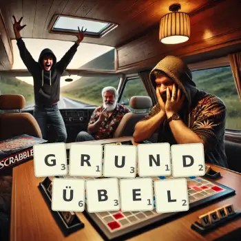 Kreative Illustration für ein Scrabble-Spiel, bei dem das Wort GRUNDÜBEL mit Steinen auf dem Brett gelegt wurde.