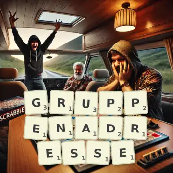 Kreative Illustration für ein Scrabble-Spiel, bei dem das Wort GRUPPENADRESSE mit Steinen auf dem Brett gelegt wurde.
