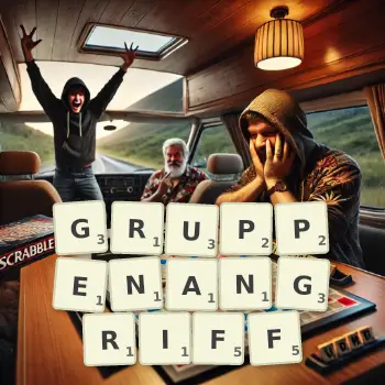 Kreative Illustration für ein Scrabble-Spiel, bei dem das Wort GRUPPENANGRIFF mit Steinen auf dem Brett gelegt wurde.