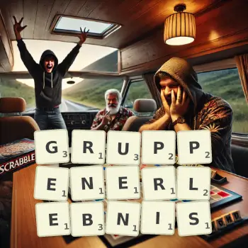 Kreative Illustration für ein Scrabble-Spiel, bei dem das Wort GRUPPENERLEBNIS mit Steinen auf dem Brett gelegt wurde.