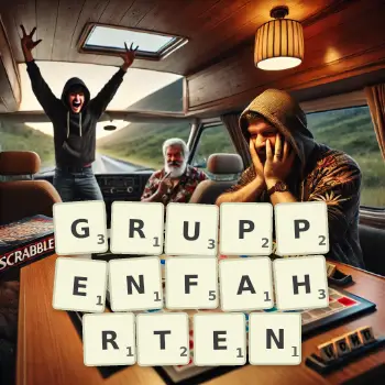 Kreative Illustration für ein Scrabble-Spiel, bei dem das Wort GRUPPENFAHRTEN mit Steinen auf dem Brett gelegt wurde.