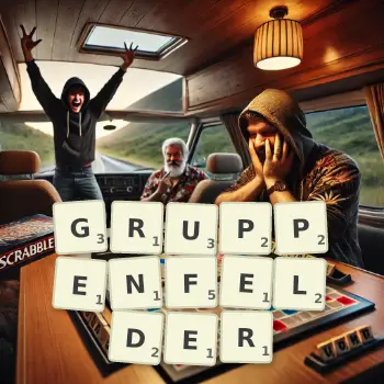 Kreative Illustration für ein Scrabble-Spiel, bei dem das Wort GRUPPENFELDER mit Steinen auf dem Brett gelegt wurde.