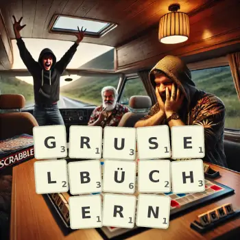 Kreative Illustration für ein Scrabble-Spiel, bei dem das Wort GRUSELBÜCHERN mit Steinen auf dem Brett gelegt wurde.