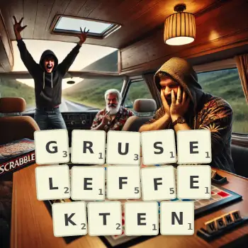 Kreative Illustration für ein Scrabble-Spiel, bei dem das Wort GRUSELEFFEKTEN mit Steinen auf dem Brett gelegt wurde.