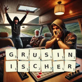 Kreative Illustration für ein Scrabble-Spiel, bei dem das Wort GRUSINISCHER mit Steinen auf dem Brett gelegt wurde.