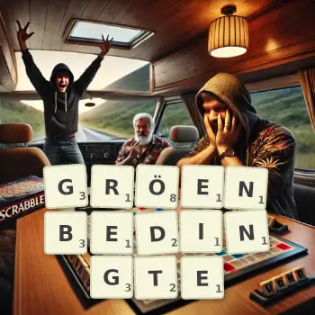 Kreative Illustration für ein Scrabble-Spiel, bei dem das Wort GRÖENBEDINGTE mit Steinen auf dem Brett gelegt wurde.
