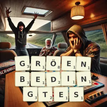 Kreative Illustration für ein Scrabble-Spiel, bei dem das Wort GRÖENBEDINGTES mit Steinen auf dem Brett gelegt wurde.