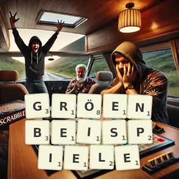 Kreative Illustration für ein Scrabble-Spiel, bei dem das Wort GRÖENBEISPIELE mit Steinen auf dem Brett gelegt wurde.
