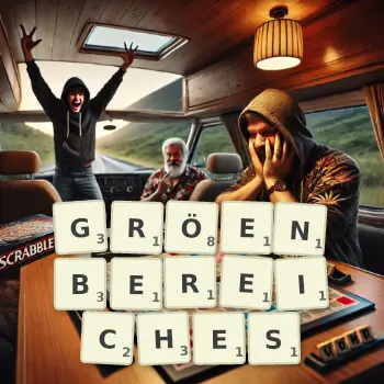 Kreative Illustration für ein Scrabble-Spiel, bei dem das Wort GRÖENBEREICHES mit Steinen auf dem Brett gelegt wurde.