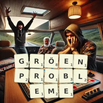 Kreative Illustration für ein Scrabble-Spiel, bei dem das Wort GRÖENPROBLEME mit Steinen auf dem Brett gelegt wurde.