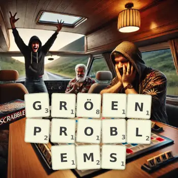 Kreative Illustration für ein Scrabble-Spiel, bei dem das Wort GRÖENPROBLEMS mit Steinen auf dem Brett gelegt wurde.