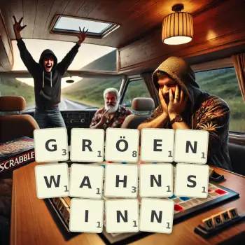 Kreative Illustration für ein Scrabble-Spiel, bei dem das Wort GRÖENWAHNSINN mit Steinen auf dem Brett gelegt wurde.