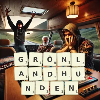 Kreative Illustration für ein Scrabble-Spiel, bei dem das Wort GRÖNLANDHUNDEN mit Steinen auf dem Brett gelegt wurde.