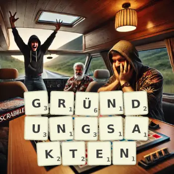 Kreative Illustration für ein Scrabble-Spiel, bei dem das Wort GRÜNDUNGSAKTEN mit Steinen auf dem Brett gelegt wurde.