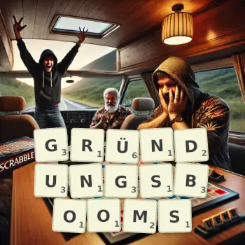 Kreative Illustration für ein Scrabble-Spiel, bei dem das Wort GRÜNDUNGSBOOMS mit Steinen auf dem Brett gelegt wurde.