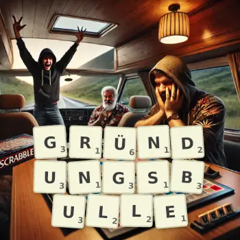 Kreative Illustration für ein Scrabble-Spiel, bei dem das Wort GRÜNDUNGSBULLE mit Steinen auf dem Brett gelegt wurde.