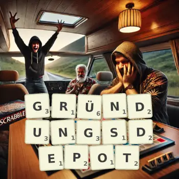 Kreative Illustration für ein Scrabble-Spiel, bei dem das Wort GRÜNDUNGSDEPOT mit Steinen auf dem Brett gelegt wurde.